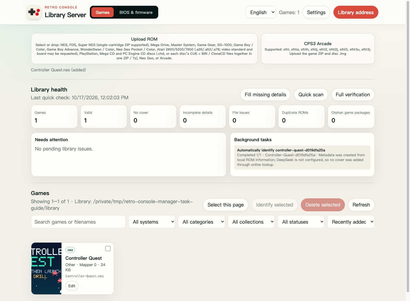 Retro Console Library Server management page with pending items, background tasks, filters, and game cover art
